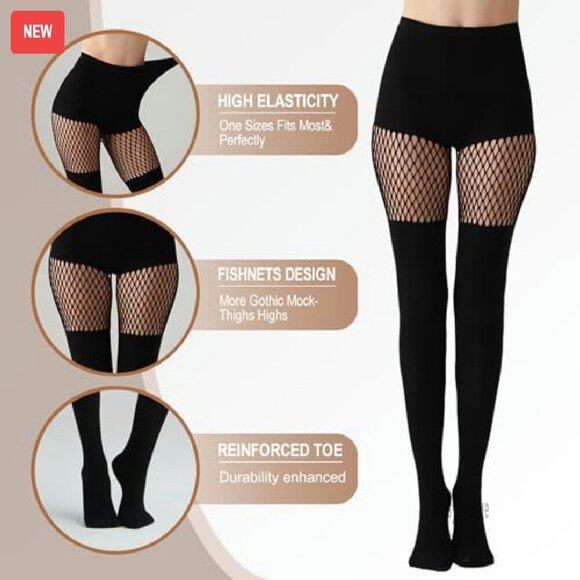 Mock Suspender Fishnet Tights Pack of 2 - Faux Thigh High Stockings - Picture 3 of 8